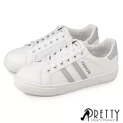 【Pretty】女 休閒鞋 小白鞋 綁帶 平底 皮革 JP23 銀色