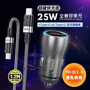 HANG 25W金屬頭 PD+QC雙孔快充車充頭+60W抗彎折 Type-C to Type-C 鋁合金傳輸充電線 H322+KSC-696