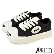 【Pretty】女 運動鞋 麵包鞋 大頭鞋 休閒鞋 帆布鞋 厚底 綁帶 US3 黑色