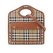 BURBERRY 格紋拼皮革手提/斜背口袋包(Mini) (石楠木棕色)