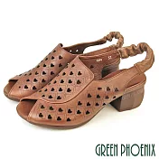 【GREEN PHOENIX】女 涼鞋 魚口鞋 粗跟 中跟 真皮 EU35 棕色
