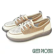 【GREEN PHOENIX】女 休閒鞋 真皮 直套式 免綁鞋帶 平底 JP22.5 淺棕色