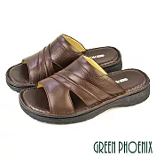 【GREEN PHOENIX】男 拖鞋 全真皮 牛皮 吸震減壓 手縫 厚底 臺灣製 US6 咖啡色