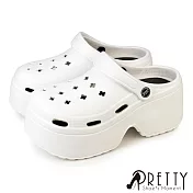 【Pretty】女 洞洞鞋 雨鞋 布希鞋 穆勒鞋 涼拖鞋 兩穿 防水 鞋釦 輕量 厚底 EU38 白色
