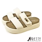 【Pretty】女 拖鞋 厚底 鬆糕 二字帶 魔鬼氈 沾黏式 輕量 EU38 米色