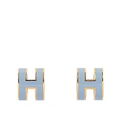 HERMES Mini Pop H立體簍空橢圓LOGO耳環 (亞麻藍/金色)