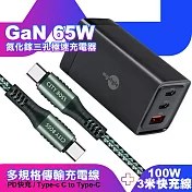 MyStyle 65W GaN氮化鎵極速充電器-黑+勇固耐彎折100W編織快充線 Type-C to Type-C -300cm-綠
