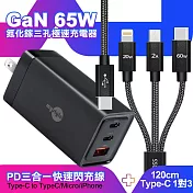 MyStyle 65W GaN氮化鎵極速充電器-黑+CITY TypeC 1對3 PD快速閃充線三合一 120cm-黑