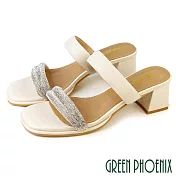 【GREEN PHOENIX】女 拖鞋 方頭拖鞋 高跟拖鞋 水鑽 二字帶 全真皮 EU36 米色