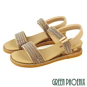 【GREEN PHOENIX】女 涼鞋 厚底涼鞋 水鑽 一字帶 全真皮 EU38 杏色