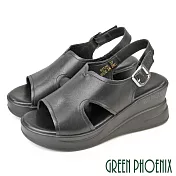 【GREEN PHOENIX】女 涼鞋 厚底涼鞋 楔型涼鞋 輕量 全真皮 EU36 黑色