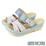 【GREEN PHOENIX】女 拖鞋 厚底拖鞋 楔型拖鞋 全真皮 台灣製 JP23 藍色
