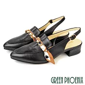 【GREEN PHOENIX】女 涼鞋 穆勒鞋 跟鞋 包鞋 全真皮 絲巾 鍊釦 台灣製 US5.5 黑色