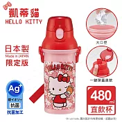 【百科良品】日本製 Hello Kitty 凱蒂貓 彈蓋直飲水壺 隨身瓶 抗菌加工 480ML(附背帶) 凱蒂貓 小熊-紅