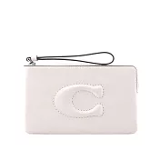 COACH C Logo 銀釦縫線標誌平滑皮革大款手拿包 (白色)