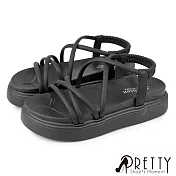 【Pretty】女 涼鞋 鬆糕 厚底 羅馬 交叉線條 JP23 黑色