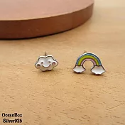 趣味可愛不對稱笑臉雲朵彩虹925純銀耳環 (外鍍專櫃級正白K.貼耳耳環)