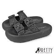 【Pretty】女 拖鞋 厚底 二字 雙帶釦 菱格紋 EU36 黑色