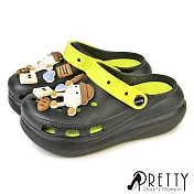 【Pretty】女 洞洞鞋 雨鞋 穆勒鞋 涼拖鞋 兩穿 輕量 厚底 鞋釦 防水 JP24 黑色