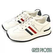 【GREEN PHOENIX】女 休閒鞋 小白鞋 厚底 全真皮 顯瘦 免綁帶 JP22.5 白藍