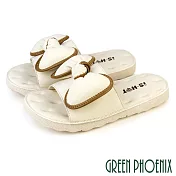 【GREEN PHOENIX】女 拖鞋 真皮 蝴蝶結 寬版 平底 EU40 米色