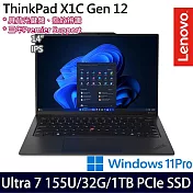 【Lenovo】聯想 ThinkPad X1C 12th 14吋AI商務筆電/Ultra 7 155U/32G/1TB SSD/Win11Pro/三年保