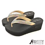 【Pretty】女 拖鞋 夾腳拖鞋 厚底拖鞋 楔型拖鞋 輕量 台灣製 JP22.5 米色