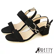 【Pretty】女 涼鞋 高跟涼鞋 方頭 粗跟 一字 台灣製 JP23 黑色