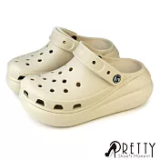 【Pretty】女 洞洞鞋 雨鞋 布希鞋 穆勒鞋 涼拖鞋 兩穿 防水 鞋釦 厚底 US7 米色