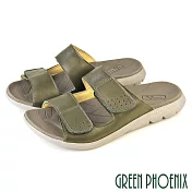 【GREEN PHOENIX】男 拖鞋 真皮 羊皮 二字 雙寬帶 魔鬼氈沾黏 平底 台灣製 EU39 綠色