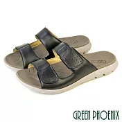 【GREEN PHOENIX】男 拖鞋 真皮 羊皮 二字 雙寬帶 魔鬼氈沾黏 平底 臺灣製 EU44 黑色