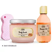 SABON 磨砂沐浴組[身體磨砂膏+沐浴油+海綿]-多款可選-國際航空版 玫瑰茶語