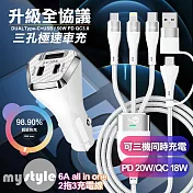CB 50W三孔急速智能車充(雙TypeC+USB)-白+MyStyle 二出三 6用型快充線-白