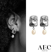 AEC PARIS 巴黎品牌 銀色波浪紋方磚 水滴珍珠耳環 DROP EARRINGS NILE