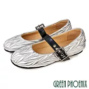【GREEN PHOENIX】女 瑪莉珍鞋 休閒鞋 平底 全真皮 羊皮 香港製 EU35 銀色