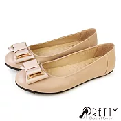 【Pretty】女 娃娃鞋 包鞋 圓頭 平底 蝴蝶結 通勤 上班 約會 台灣製 JP23.5 杏色