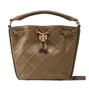 TORY BURCH 格菱紋縫線皮革水桶包-卡其