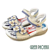 【GREEN PHOENIX】女 涼鞋 氣墊 厚底 輕量 小花 全真皮 手工 EU35 米色