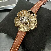 COACH蔻馳精品錶,編號：CH00210,28mm圓形金色精鋼錶殼金色錶盤真皮皮革咖啡色錶帶