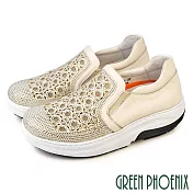 【GREEN PHOENIX】女 懶人鞋 休閒鞋 厚底鞋 磁石震動 真皮 免綁鞋帶 輕量彈力厚底 會呼吸的鞋 EU36 米色