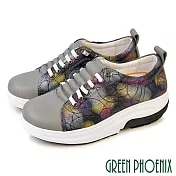 【GREEN PHOENIX】女 休閒鞋 厚底鞋 懶人鞋 磁石震動 真皮 免綁鞋帶 輕量彈力厚底 會呼吸的鞋 EU37 灰色
