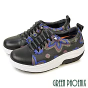 【GREEN PHOENIX】女 休閒鞋 厚底鞋 懶人鞋 磁石震動 真皮 免綁鞋帶 輕量彈力厚底 會呼吸的鞋 EU37 黑色