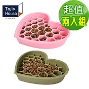 【Truly House】寵物頂級矽膠加大加厚慢食墊 愛心款 防打翻設計/慢食盤/防噎食碗/寵物碗(兩色任選)(超值兩入組) 粉色+綠色