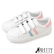 【Pretty】女 小白鞋 休閒鞋 魔鬼氈沾黏帶 平底 皮革 顯瘦 JP23.5 粉紅色