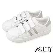 【Pretty】女 小白鞋 休閒鞋 魔鬼氈沾黏帶 平底 皮革 顯瘦 JP24 銀色