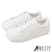 【Pretty】女 休閒鞋 綁帶 平底 皮革 顯瘦 小白鞋 全黑工作鞋 JP23.5 白色
