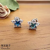 可愛時尚透亮白花藍色星星鋯石925純銀耳環.貼耳耳環