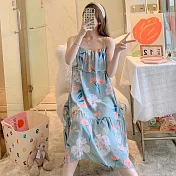 【Wonderland】100%嫘縈公主風涼感睡衣洋裝(9款) FREE 木棉花花(藍綠)
