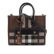 BURBERRY Freya 格紋帆布拼皮革迷你二用托特包_展示品 (暗樺木棕色)