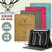 二代筆槽版 VXTRA 2025/2024 iPad Pro 13吋 北歐鹿紋平板皮套+9H玻璃貼(合購價) 蒂芬藍綠